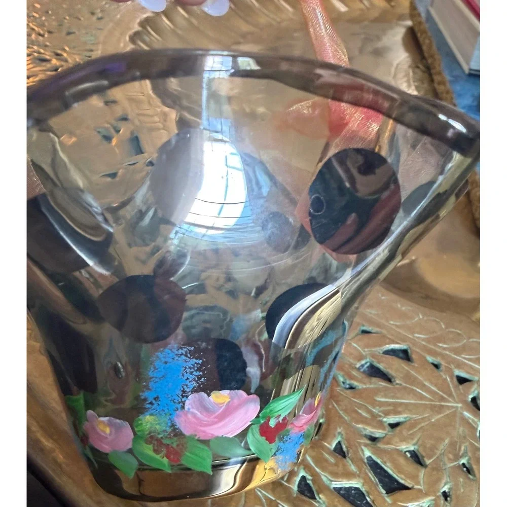 MacKenzie Childs Circus Collection Glass Basket Handpainted Ruffled Floral Bow